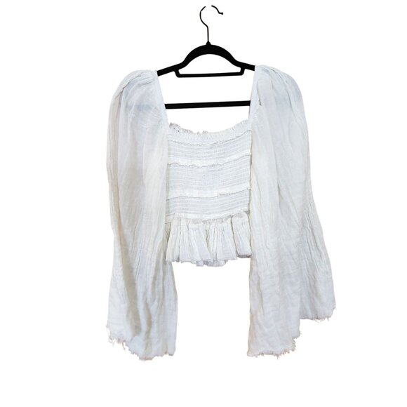 Free People FP One White Smocked Ruffle Crop Top With Flowing Sleeves Size XS - Picture 2 of 4